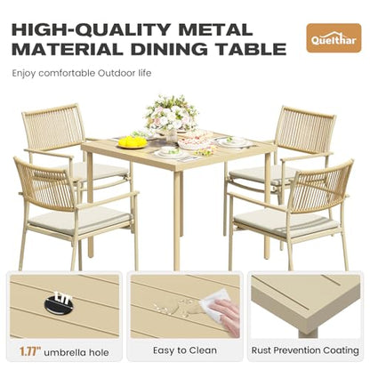 5-Piece Outdoor Dining Set for 4, Rectangle Expandable Table with Umbrella Hole, 4 Wicker Rattan Chairs with Soft Cushion,Patio Dining Set, Conversation Set for Backyard, Garden & Poolside, Beige