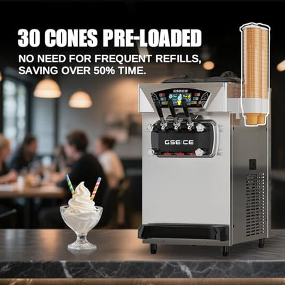 Commercial Ice Cream Maker, 6.8-8.4 Gal/H, 2 * 8L Hopper 110V Countertop Soft Serve Ice Cream Machine, 3 Flavors Puffing Alarm Pre-Cooling For Shops Cafes Dessert Stores, Auto Clean & Touch Screen