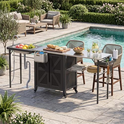 3-in-1 Outdoor Grill Cart with Sink & Faucet, Stainless Steel Top Outdoor Kitchen Island, Prep Table with Foldable Side Table, Storage Cabinet, Rolling Grill Station with Wheels for Patio, Backyard