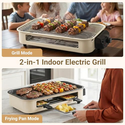 Electric Indoor Grill 1500w, 2 in 1 Smokeless Indoor Grills with Non-Stick Griddle Plate & Grill Net, Korean BBQ Grill with 3 Individual Mini Trays, Temperature Control, Dishwasher Safe