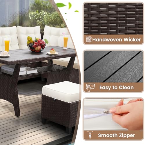 KROFEM KROFEM6-Piece Patio Furniture Set, Outdoor Sectional Sofa with Dining Table & Chairs, All-Weather Dining Set with Removable Cushion Covers, Ideal for Garden, Porch, Backyard, White