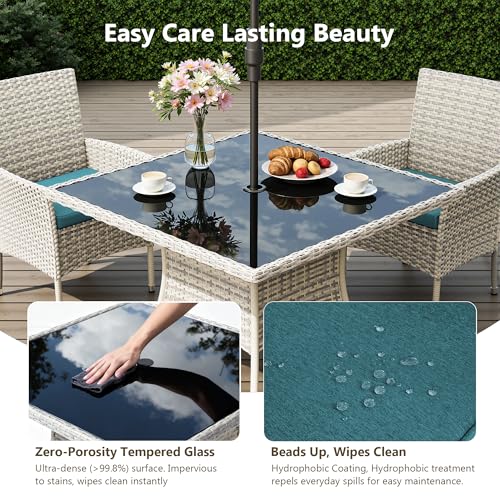 Sweecci Outdoor Dining Set, 5-Piece Patio Furniture Set with Tempered Glass Table and 4 Cushioned Chairs, Dual-Strand Wicker Rattan, Balcony Furniture for Backyard, Garden, Deck,– Turquoise
