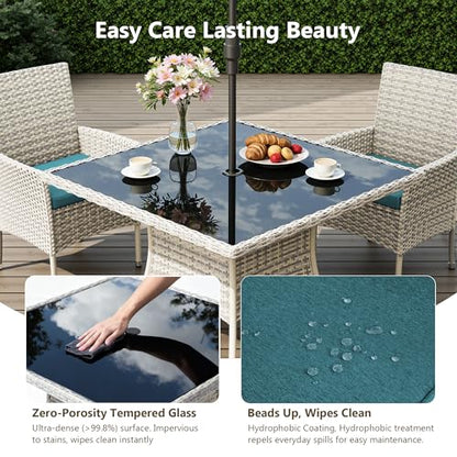 Sweecci Outdoor Dining Set, 5-Piece Patio Furniture Set with Tempered Glass Table and 4 Cushioned Chairs, Dual-Strand Wicker Rattan, Balcony Furniture for Backyard, Garden, Deck,– Turquoise