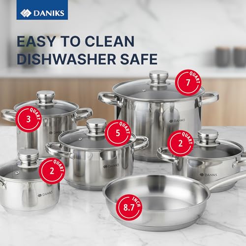 Daniks Standard 11-Piece Stainless Steel Cookware Set with Glass Lids, Includes Saucepan with Lid and Frying Pan, Tri-Ply Bases for Even Heating, Induction Compatible, Dishwasher Safe, Silver