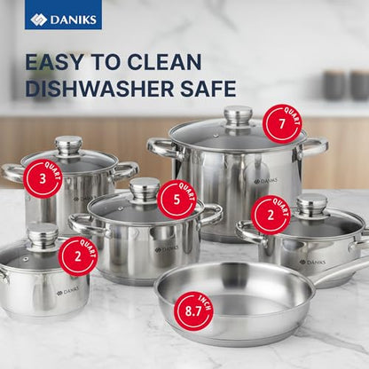 Daniks Standard 11-Piece Stainless Steel Cookware Set with Glass Lids, Includes Saucepan with Lid and Frying Pan, Tri-Ply Bases for Even Heating, Induction Compatible, Dishwasher Safe, Silver