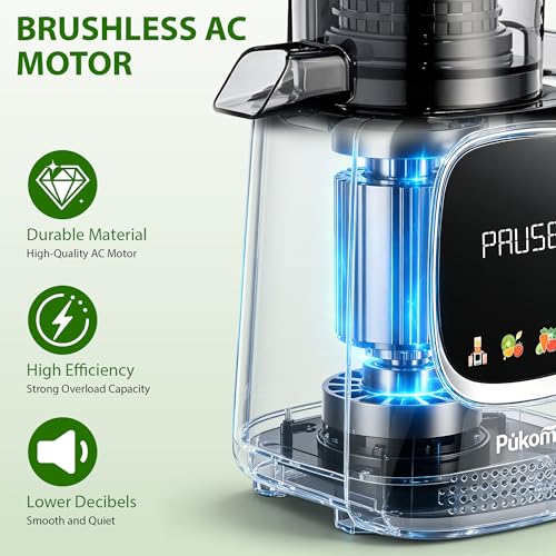 Pukomc Cold Press Juicer with Smart Display and Brushless Motor, 5.3'' Wide Mouth Feed Chute, 300W High Power Slow Masticating Juicer, Whole Vegetables & Fruits Juicing, Easy to Use and Clean