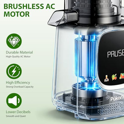 Pukomc Cold Press Juicer with Smart Display and Brushless Motor, 5.3'' Wide Mouth Feed Chute, 300W High Power Slow Masticating Juicer, Whole Vegetables & Fruits Juicing, Easy to Use and Clean