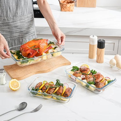 High Borosilicate Glass Baking Tray 3-Piece Set, 2.3 Quarts+1.6 Quarts+1.0 Quarts Rectangular Glass Baking Dish Container for Microwave and Oven, Suitable for Cooking, Baking Bread, Cakes and Meals