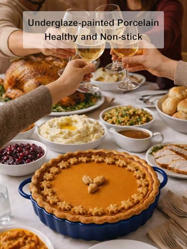 Yamteck 10×2in Deep Ceramic Pie Pan with Handles for Pie Quiche Tart Baking. Easy to grip, Lead-Free. Casserole Lasagna Dish for Thanksgiving Christmas Gift. Oven Microwave Dishwasher Safe. Blue