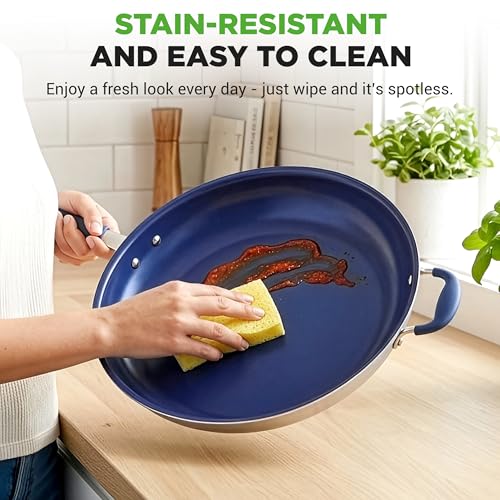 NutriChef 14" Fry Pan With Lid - Extra Large Skillet Nonstick Frying Pan with Silicone Handle, Ceramic Coating, Blue Silicone Handle, Stain-Resistant And Easy To Clean, Professional Home Cookware