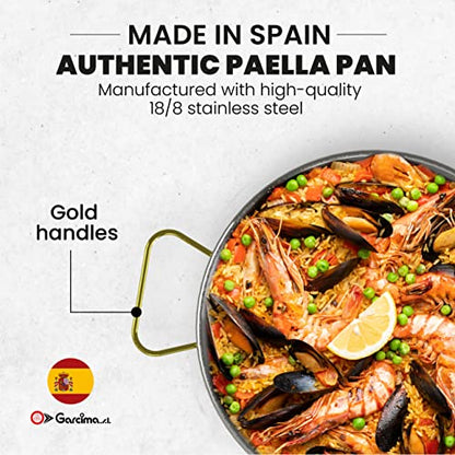 Machika 15 inch Stainless Steel Paella Pan, 38 cm Stainless Steel Large Skillet From Spain, Great for Paella Parties Indoors, Outdoors, Camping & More, Imported Spanish Paellera, Made by Garcima