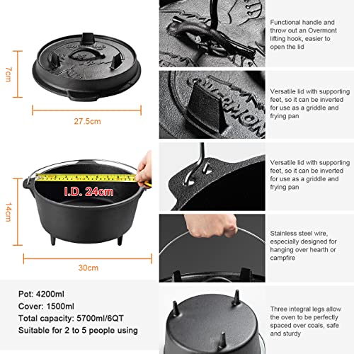 Overmont 6QT Cast Iron Dutch Oven Pre-Seasoned Camping Dutch Oven Pot with Legs, Lid Lifter & Dual Handles, Cast Iron Pot with Skillet Lid for Campfire Cooking, BBQ, Grill, Stove, Outdoor Use