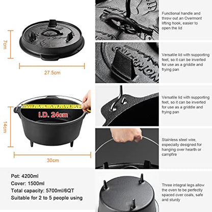 Overmont 6QT Cast Iron Dutch Oven Pre-Seasoned Camping Dutch Oven Pot with Legs, Lid Lifter & Dual Handles, Cast Iron Pot with Skillet Lid for Campfire Cooking, BBQ, Grill, Stove, Outdoor Use