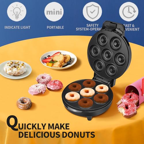 DSP Mini Donut Maker - Non-Stick, Cool Touch Electric Doughnut Machine for Mini Donuts - Perfect for Breakfast, Snacks & Desserts (Black, 7 Donuts)