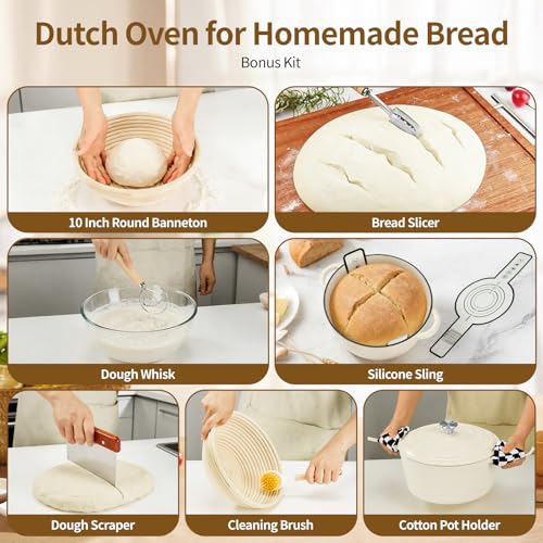 Blingco Enameled Cast Iron Dutch Oven with Lid -6.5 QT, incl. Sourdough Bread-Baking Supplies like Banneton Proofing Basket, Heavy Duty Cookware Bread-Oven for Baking, Stews, and Roasting, Cream White