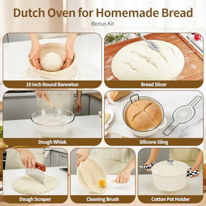 Blingco Enameled Cast Iron Dutch Oven with Lid -6.5 QT, incl. Sourdough Bread-Baking Supplies like Banneton Proofing Basket, Heavy Duty Cookware Bread-Oven for Baking, Stews, and Roasting, Cream White