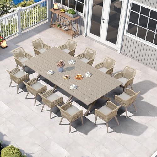 PURPLE LEAF 14 Pieces Outdoor Patio Dining Set All-Weather PE Rattan Furniture Set with All Aluminum Frame Rectangular Table and Chairs Set for 12 People Lawn Garden Backyard Deck, Champagne