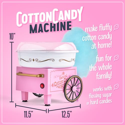 Nostalgia Vintage Cotton Candy Machine - Countertop Cotton Candy Maker With 2 Reusable Cones & 1 Sugar Scoop - Use Hard Candy or Sugar to Create Fluffy, Delicious Treats in Minutes-Pink