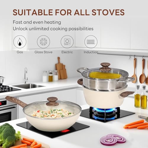 Sweetcrispy 17 Pcs Nonstick Pots and Pans, Non-toxic Kitchen Cooking Set, Induction Cookware Sets with Stay-Cool Handles, Beige