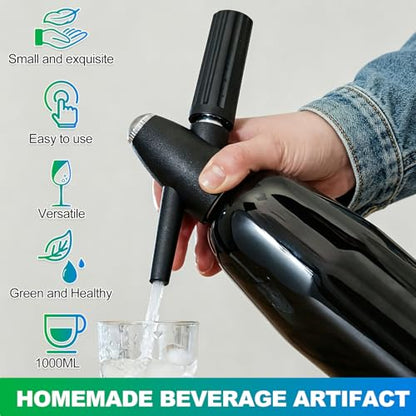 Soda Siphon, 1L Portable Seltzer Maker - Retro-Style Sparkling Water Machine for Homemade Carbonated Drinks, Juices & Cocktails, Uses 8g CO2 Cartridges (Cartridges Not Included) - Black