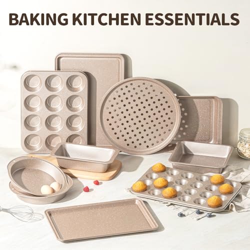 Terlulu 10-Piece Baking Pans Set, Bakeware Sets Nonstick, Baking Set for Oven Cooking, Stackable Carbon Steel Pans Include Cookie Sheets, Muffin Pan, Cake Pan, Pizza Pan, Loaf Pan, Roasting Pan, Gold