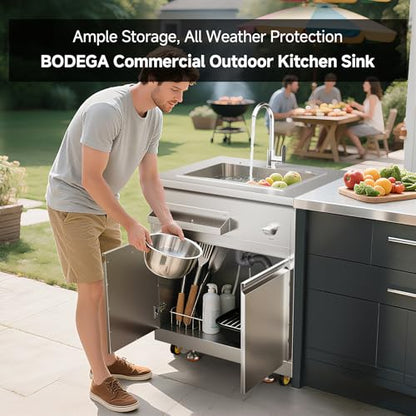 BODEGA Stainless Steel Single bowl kitchen sink Cabinet With hose hookup and Faucet, Outdoor Kitchen Sink with Storage, Brake Wheels & Spice Rack, All-Weather Sink, Use For RV, Yard,Garage,Restaurant.