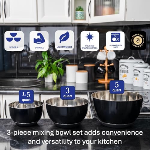 WHYSKO Stainless Steel Mixing Bowls Set of 3 with Non-Slip Silicone Base, Nesting Metal Bowls for Meal Prep, Baking, Cooking & Food Storage, Dishwasher Safe Kitchen Mixing Bowls, Black