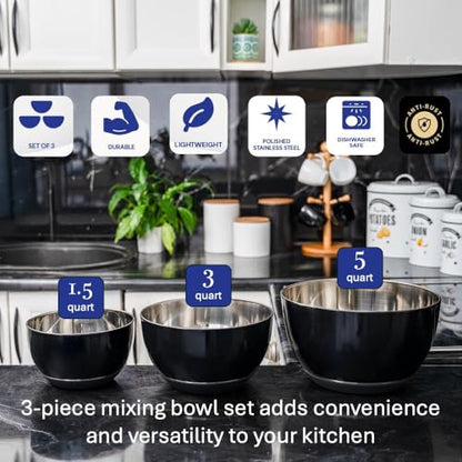 WHYSKO Stainless Steel Mixing Bowls Set of 3 with Non-Slip Silicone Base, Nesting Metal Bowls for Meal Prep, Baking, Cooking & Food Storage, Dishwasher Safe Kitchen Mixing Bowls, Black