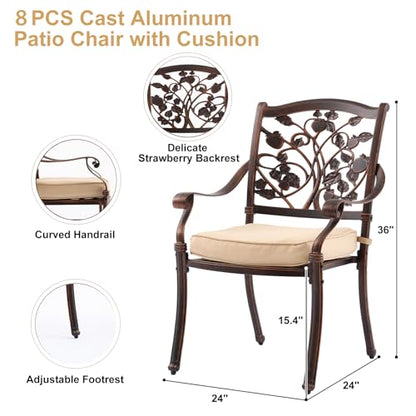 9-Piece Cast Aluminum Outdoor Dining Set, Copper Red Patio Furniture for 8 Includes Unique Strawberry & Leaf 87" Rectangular Outdoor Dining Table and 8 Stackable Chairs with Cushions & Umbrella Hole