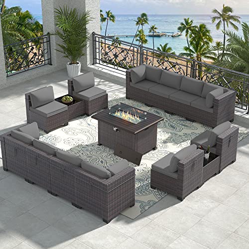 RTDTD 15 Pieces Outdoor Patio Furniture Set,Outdoor Sectional Furniture with 43" 55000 BTU Gas Propane Fire Pit Table,All Weather PE Rattan Wicker Patio Conversation Set,Grey