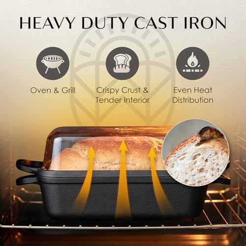 White Oaks Ranch Cast Iron Bread Loaf Pan + Bread Bag + Dough Whisk + Brush | 2-in 1 Pre-Seasoned oven-safe bread pan for homemade bread | 5-Piece Set