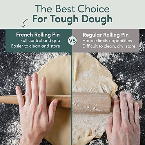 Ultra Cuisine French Rolling Pin for Baking - Dough Roller and Fondant Roller - Wood Rolling Pin for Ravioli, Pastry, Dough, Dumpling, Tortilla, Bread, & Pasta - Tapered Wooden Rolling Pin (17.75")