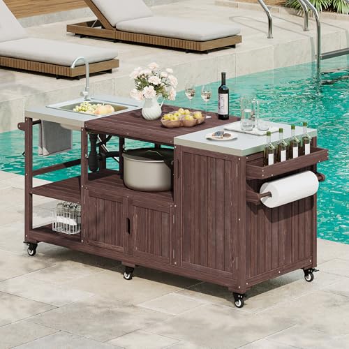 TEVUTEVU 75.4" Outdoor Kitchen Island with Sink, Solid Wood Grill Cart, Rolling BBQ Prep Station with Stainless Steel Top, Towel Rack & Spice Rack, BBQ Cart (Grills NOT Included) (Brown, 75.4 inch)