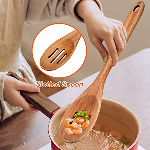 4-Piece 14" Large Wooden Utensils Set for Cooking Spatula Long Handled Slotted Spoon Non-Stick Utensil Slotted Turner Mixing Spoons with Hole Best Wood Kitchen Spatula Stirring Serving Spoons