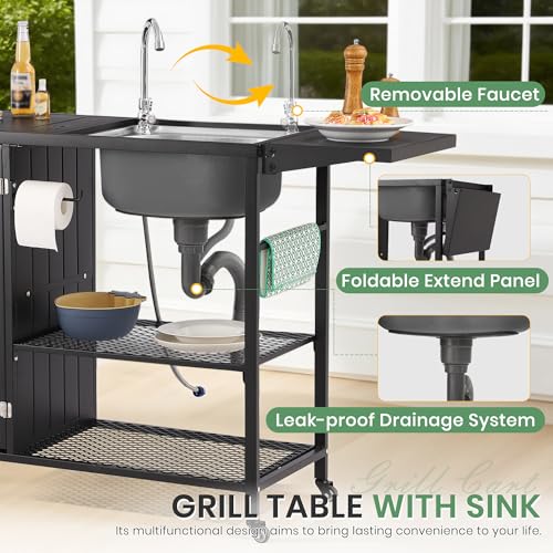 LVUYOYO Outdoor Grill Table with Stainless Steel Sink, Grill Cart Station with Cabinet, Metal Kitchen & Island Rolling BBQ Table for Garden, Patio, Backyard