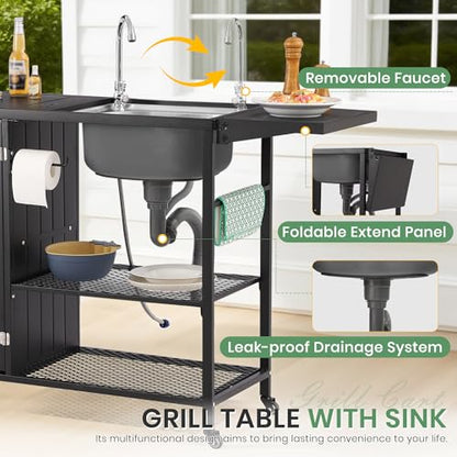 LVUYOYO Outdoor Grill Table with Stainless Steel Sink, Grill Cart Station with Cabinet, Metal Kitchen & Island Rolling BBQ Table for Garden, Patio, Backyard