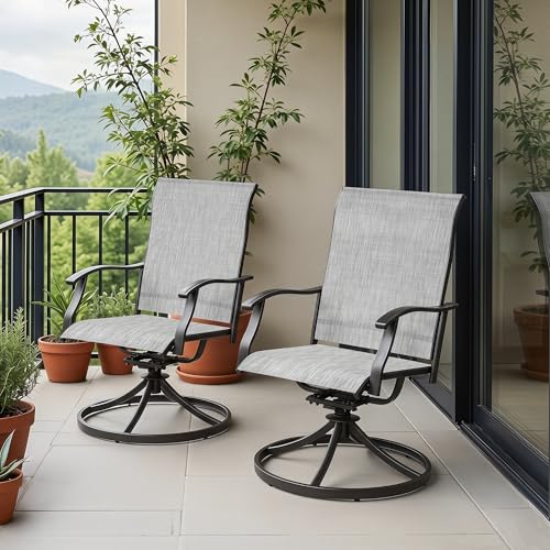 NUU GARDEN 2-Piece Patio Swivel Dining Chairs, 360° Rotation and 15° Rocking, All-Weather Textilene High-Back Chairs, Light Gray