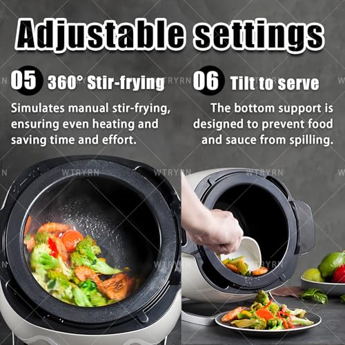 WTRYRN Automatic Cooking Machine Auto Stir Fry Wok, 2000W 6L Large Capacity, 360° Rotation 3 Speed Adjustable, Multifunctional for Home Kitchen Restaurant Cooking