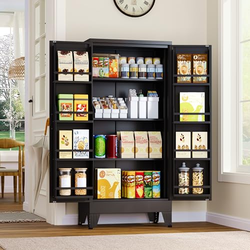 GAIOUS Metal Kitchen Pantry Cabinet, Storage Cabinets with 2 Door and 3 Adjustable Shelves, Black Freestanding Food Storage Cabinet, Steel Cupboard for Kitchen Dinning Room