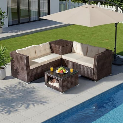 VINGLI 4 Pieces Outdoor Sectional Wicker Patio Furniture with Storage, Patio Sectional Sofa Outdoor Couch Conversation Set, Glass Top Coffee Table for Backyard, Pool, Garden(Brown)