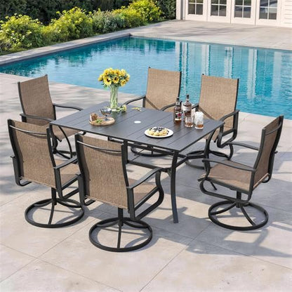 VONZOY 7 Pieces Patio Dining Set, Patio Outdoor Furniture Set of 6 Patio Swivel Dining Chairs and Patio Spliced Rectangular Tabletop with Umbrella Hole, for Deck, Backyard, Poolside & Garden