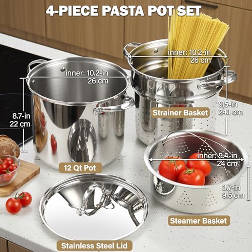 Cooks Standard Pasta Pot 18/10 Stainless Steel 12 Quart, Spaghetti Cooker Steamer Stock Pot Multipots with Strainer Insert, Stainless Steel Lid, 4-Piece Set