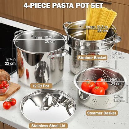 Cooks Standard Pasta Pot 18/10 Stainless Steel 12 Quart, Spaghetti Cooker Steamer Stock Pot Multipots with Strainer Insert, Stainless Steel Lid, 4-Piece Set
