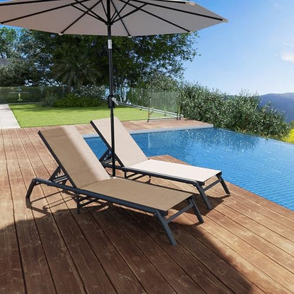 Murago Outdoor Chaise Lounge Chair Set of 2, No Assembly Foldable Lightweight Patio Lounge Chair, 5-Position Adjustable Backrest, Pool Lounge Chairs for Poolside, Beach, Patio, Lawn, Khaki