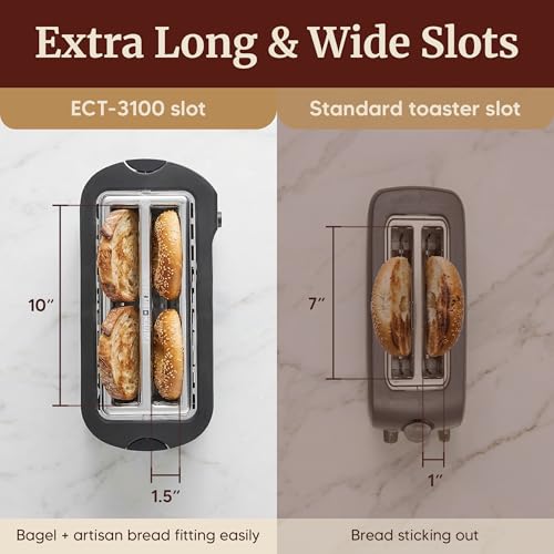 Elite Gourmet ECT-3100 4-Slice Long Slot Toaster | Extra Wide Slots for Bagels, Sourdough & Texas Toast | 6 Browning Settings | Reheat, Defrost & Cancel | Built-In Warming Rack | Stainless Steel