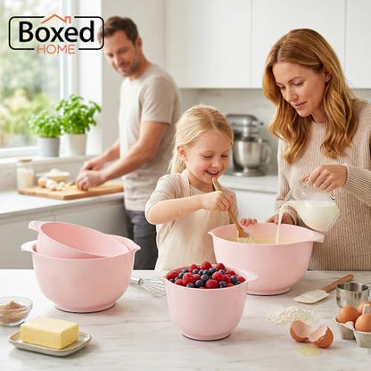 BoxedHome Nesting Plastic Mixing Bowl Set, 4 Piece Mixing Bowl Set with Pour Spouts, Size 1.7, 2.5, 3.5 and 4.5qt, for Prepping, Mixing, Baking, Cooking(2023 New Version, Pink)