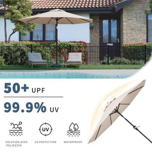 Tobeos 10FT Patio Umbrella, Outdoor Umbrella with Push Button Tilt and Crank, 8 Sturdy Ribs, UV Protection & Waterproof Market Umbrella for Pool, Backyard, Beach,Deck (Beige)