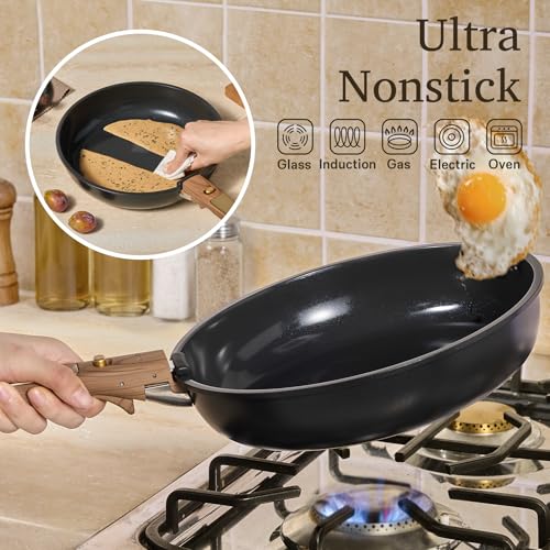 CAROTE 15Pcs Ceramic Cookware Set, Pots and Pans Set Non stick, Kitchen Cooking Set with Detachable Handle, Non Toxic Induction Cookware, Dishwasher/Oven Safe, PFAS Free, Black&Gold