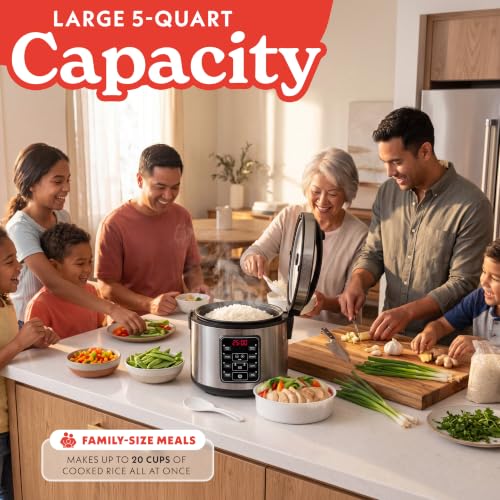 Gourmia Rice Cooker – 5 Qt Capacity, 20 Cup Cooked, 10 Cup Uncooked, Digital Controls, 6 Cooking Presets, Grain Cooker & Steamer, Nonstick Pot, Steam Tray, Delay Timer, Keep Warm, Stainless Steel