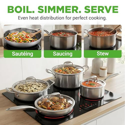 NutriChef 8-Piece Triply Cookware Set Stainless Steel - Triply Kitchenware Pots & Pans Set Kitchen Cookware, Non-Stick Coating - Sauce Pot, Stew Pot, Cooking Pot, Frying Pan, Lids - NC3PLY8Z